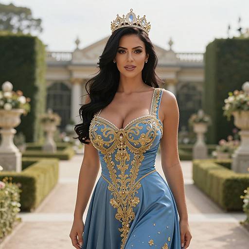 Elegant Woman in Regal Blue and Gold Embroidered Gown with Crown in Palace Garden