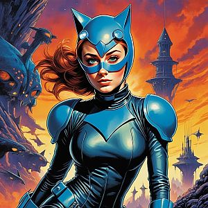 Futuristic Woman in Blue Armor with Cat-Ear Helmet