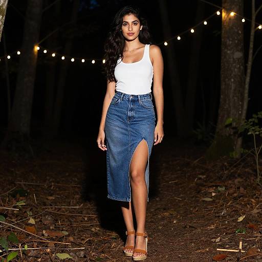 Young Woman Wearing Denim Skirt and White Tank Top in Nighttime Forest with String Lights