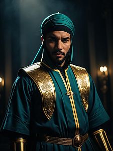 Realistic Muhammad Avdol Cosplay Costume on Man in Teal and Gold