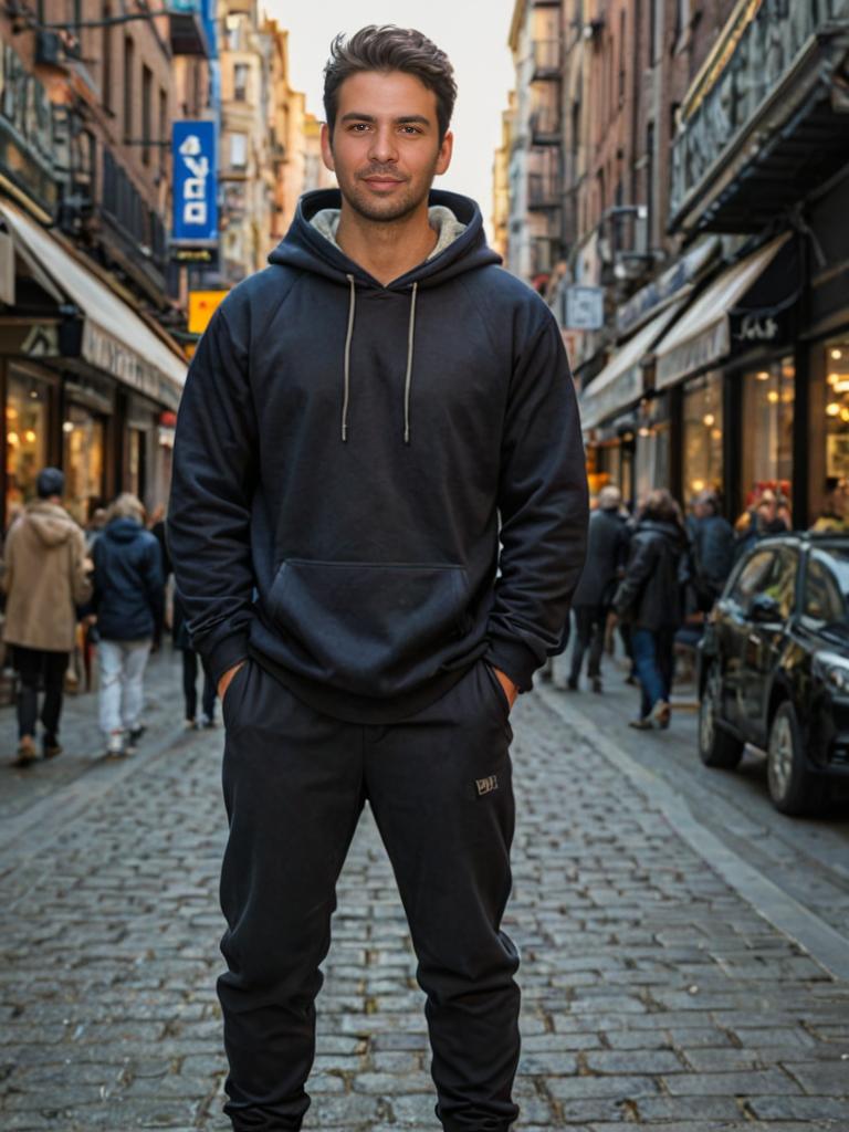 Confident man in hoodie on busy city street