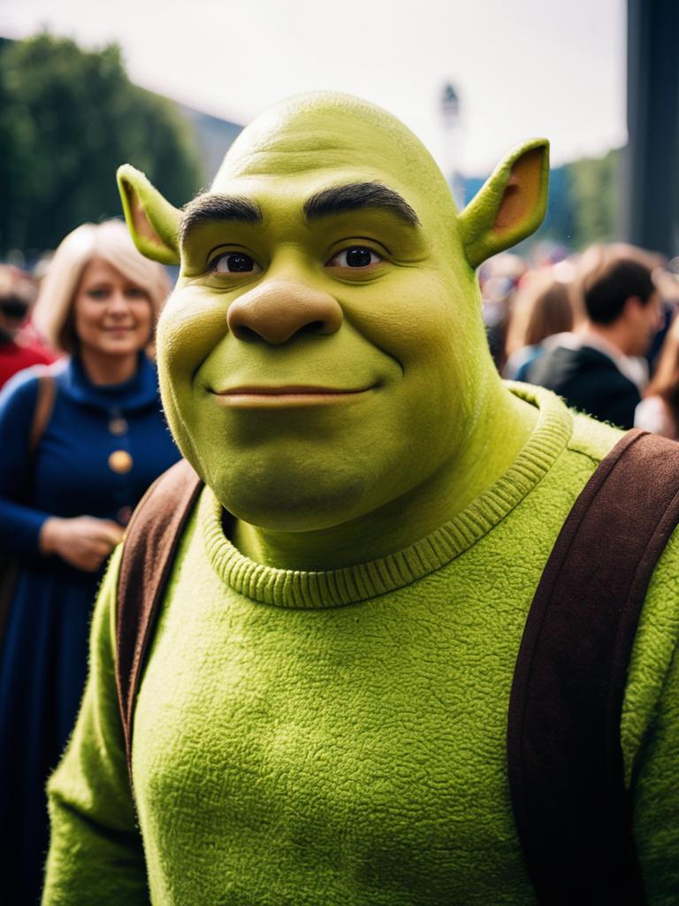 Realistic Man in Shrek Costume at Cosplay Festival Portrait