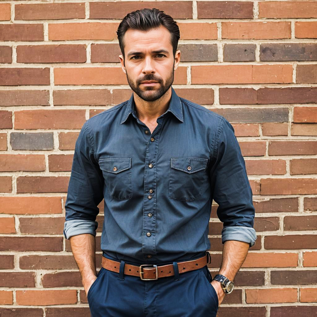 Confident man in stylish navy shirt against brick wall