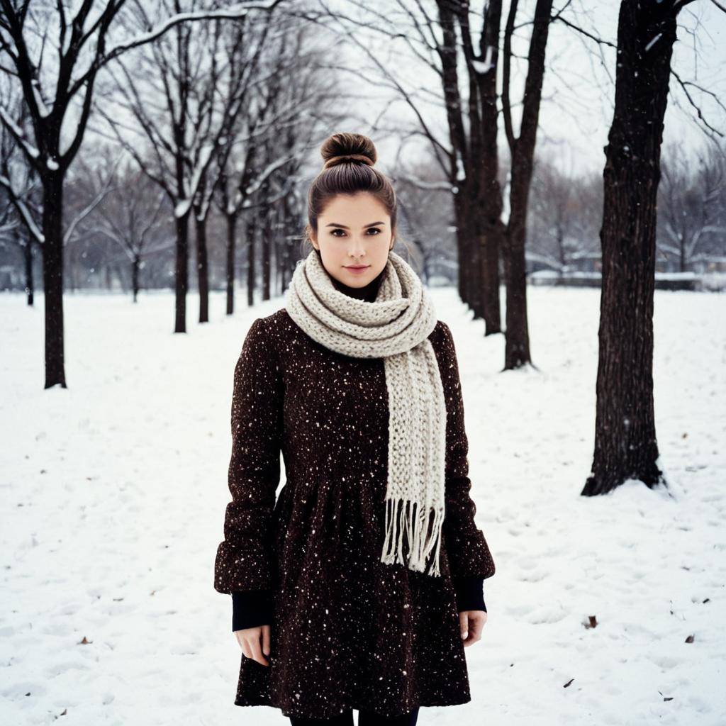 Woman in Brown Coat and Knit Scarf in Snowy Winter Park