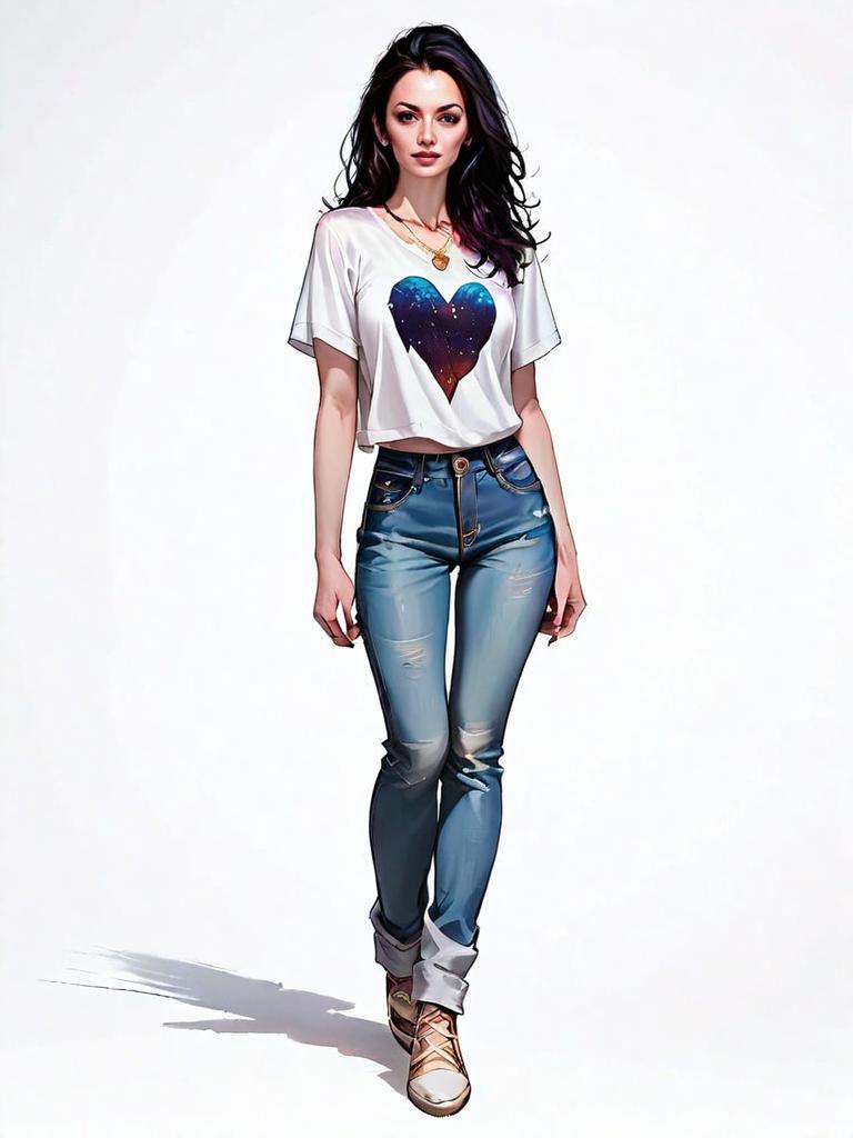 Realistic Digital Illustration of Woman in Casual Outfit with Cosmic Heart T-Shirt
