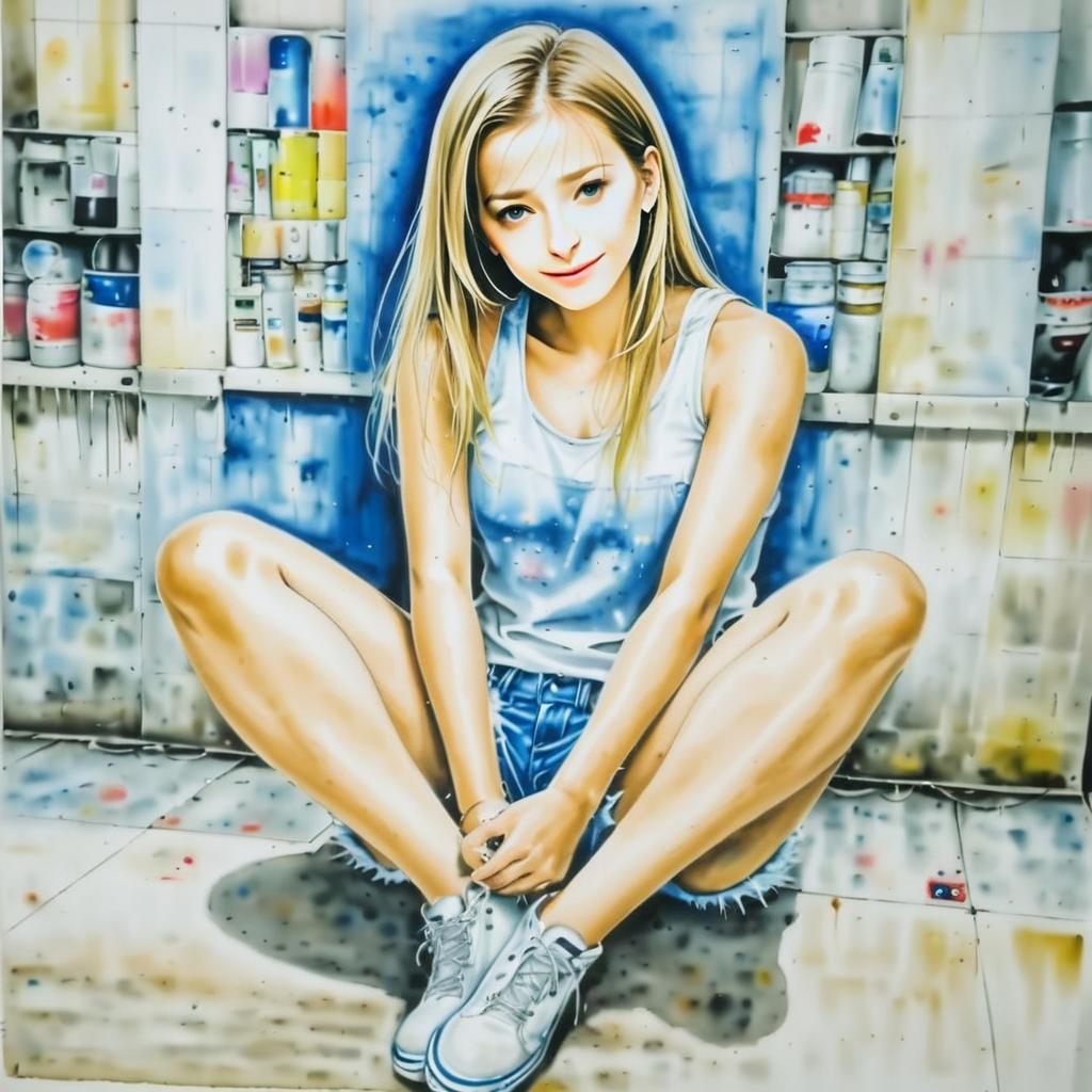 Young Woman Sitting on Floor in Artistic Digital Painting Style