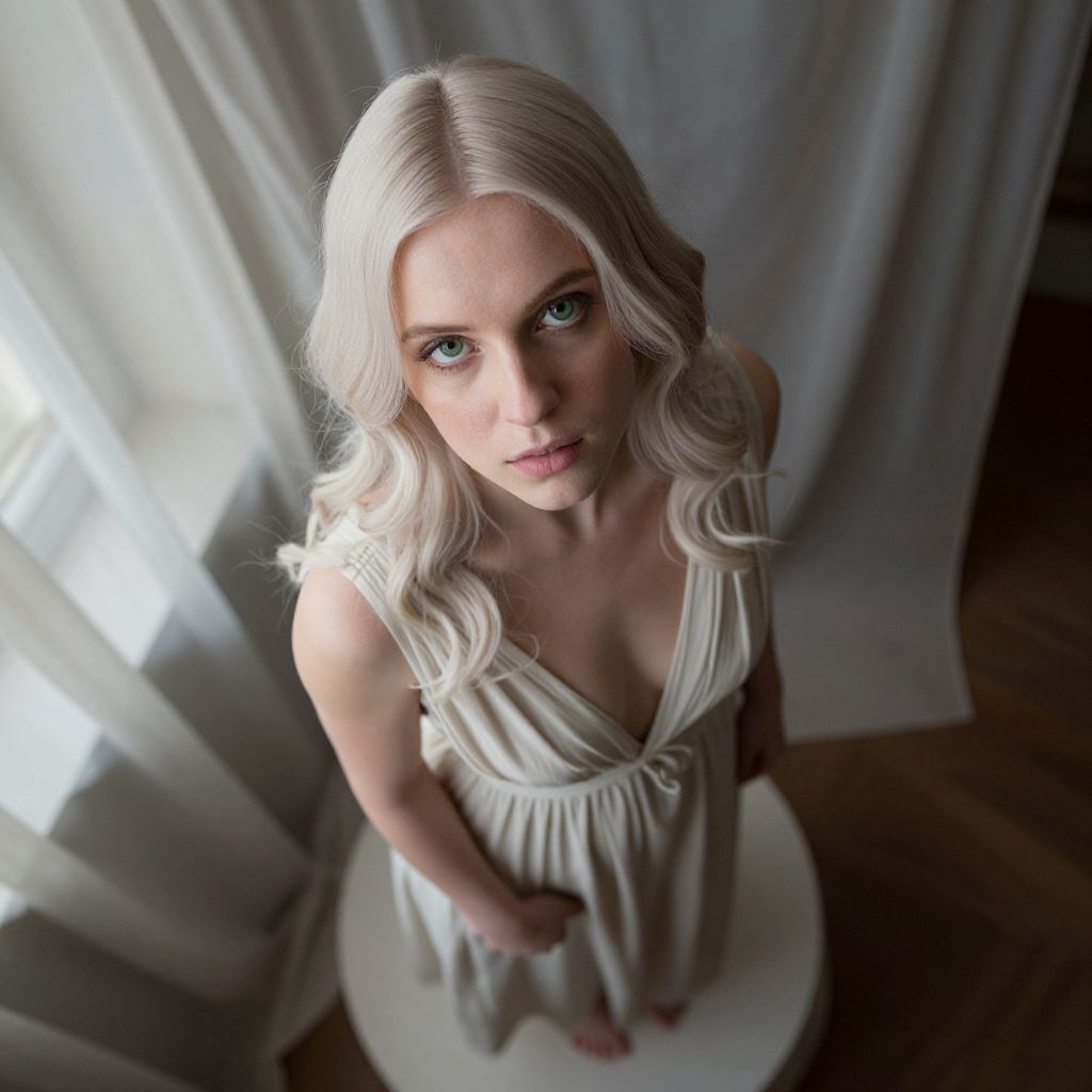 Portrait of Blonde Woman in Soft Light Looking Up