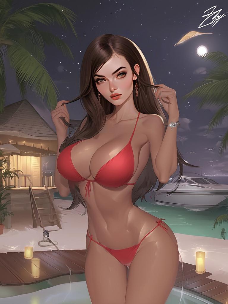 Woman in Red Bikini at Tropical Beach Resort Woman in Red Bikini at Tropical Beach Resort