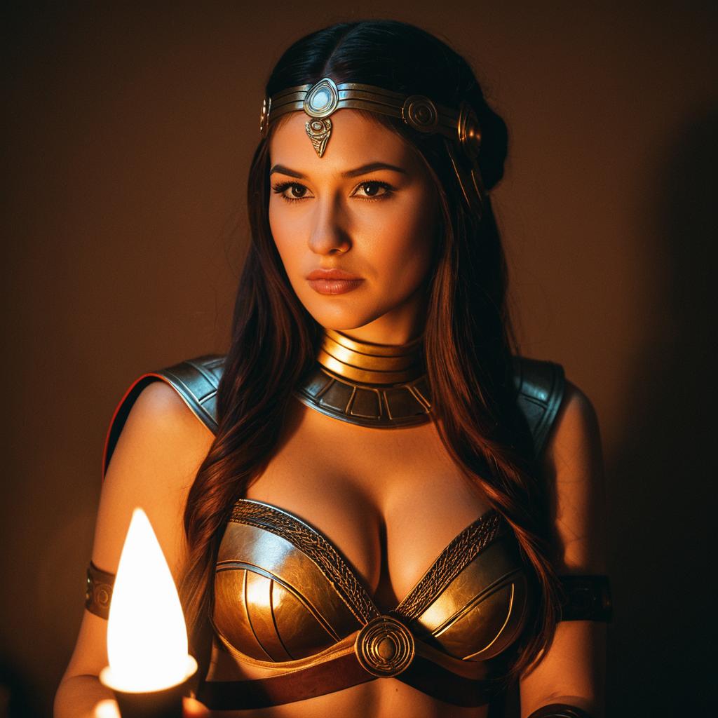 Fantasy Warrior Woman in Golden Armor with Torch
