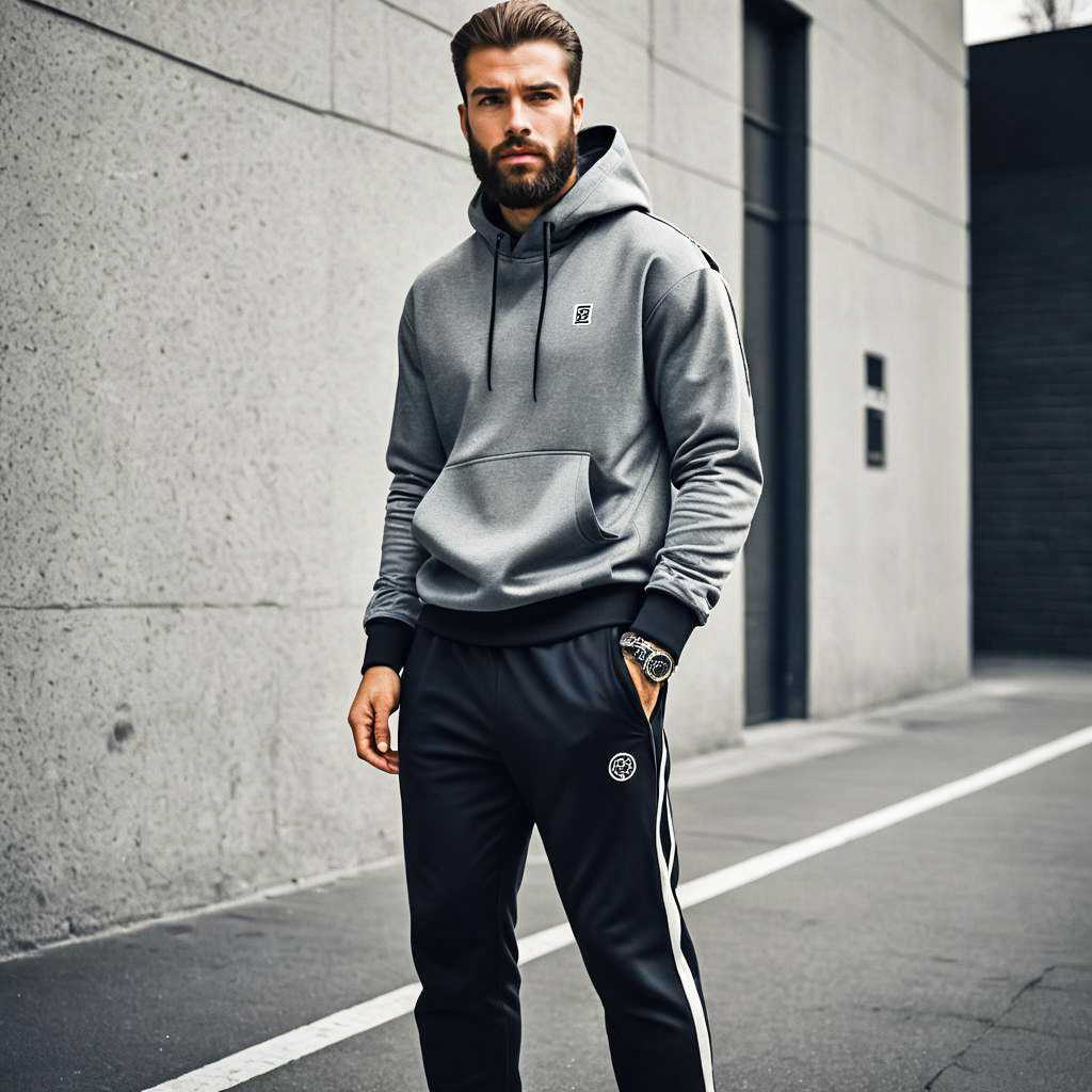 Man Wearing Grey Hoodie and Black Track Pants in Urban Setting