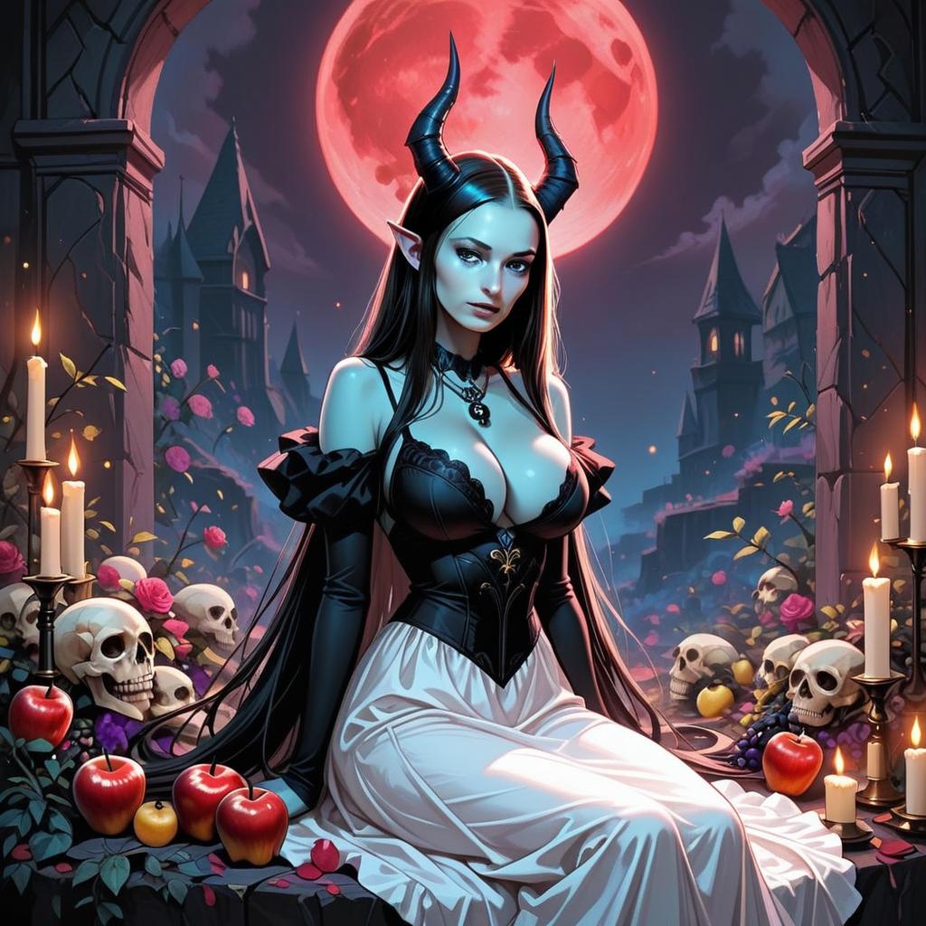 Gothic Fantasy Woman with Horns and Red Moon