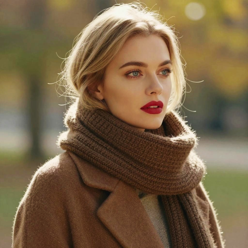 Stylish Woman in Brown Coat and Knit Scarf Outdoors in Autumn