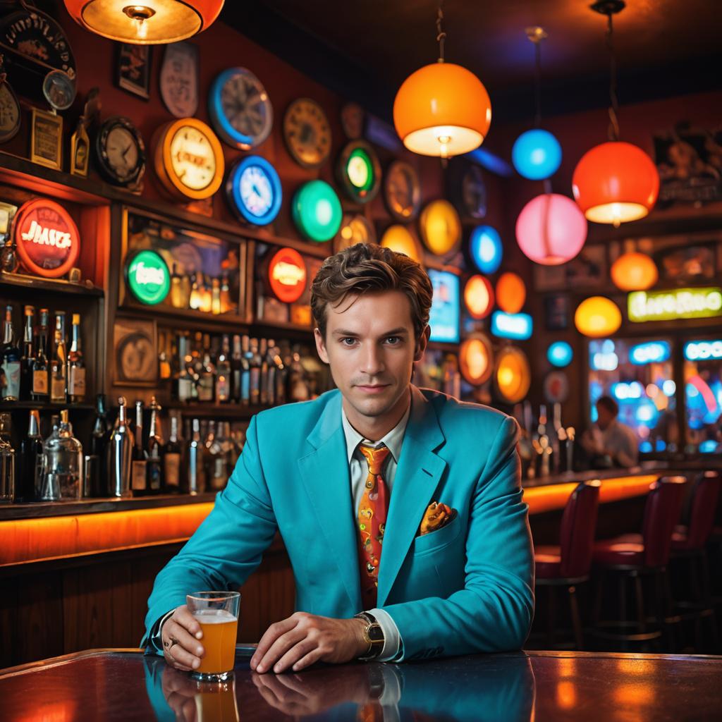 Man in Blue Suit at Retro Bar