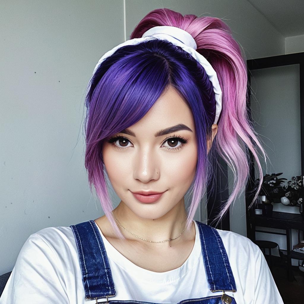 Young Woman with Purple and Pink Hair in Denim Overalls and White Headband
