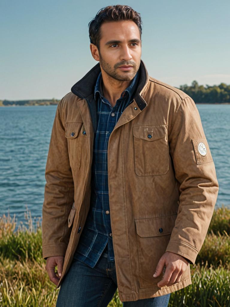 Confident Man in Stylish Jacket by Lakeside