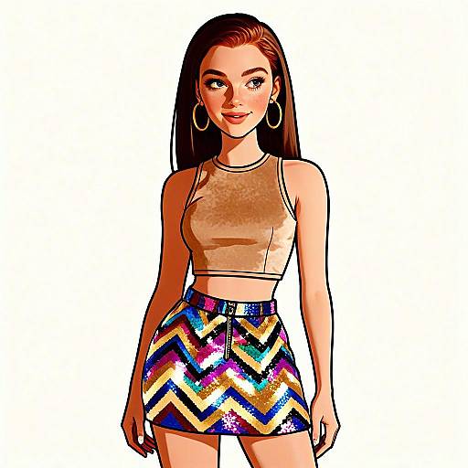 Glam Rock Stylish Woman with Cheerful Expression in Colorful Chevron Skirt