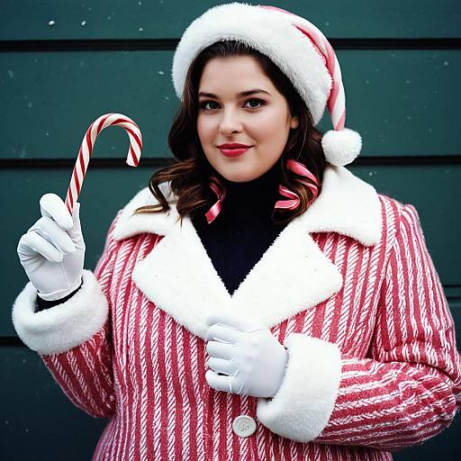 Plus Size Woman in Candy Cane Costume Holding Candy Cane