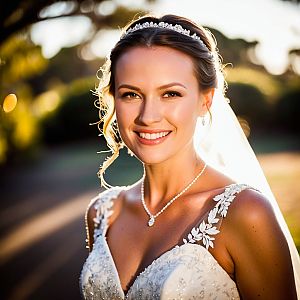 Radiant Bride in Elegant Wedding Gown at Golden Hour