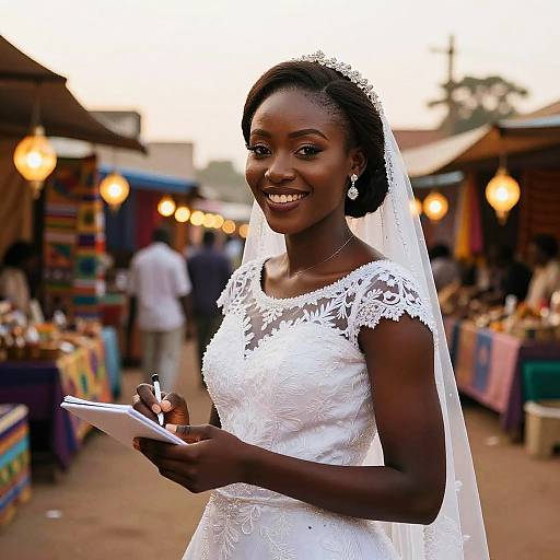 Happy Bride Writing Notes in Outdoor Market Setting