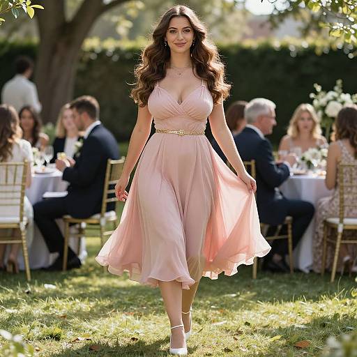 Elegant Woman in Blush Pink Dress at Outdoor Garden Event