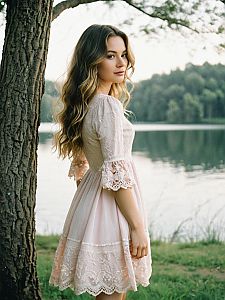 Young Woman in Lace Dress Beside Lake with Natural Scenery
