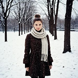 Woman in Brown Coat and Knit Scarf in Snowy Winter Park