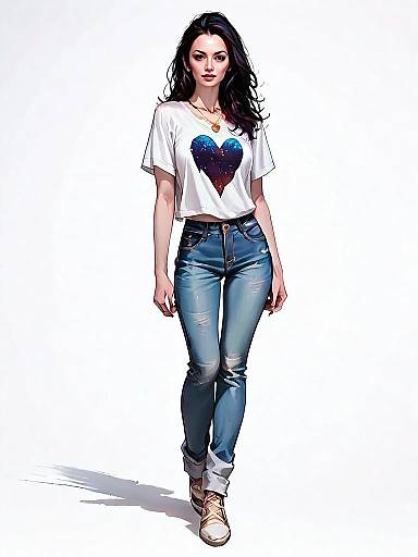 Realistic Digital Illustration of Woman in Casual Outfit with Cosmic Heart T-Shirt