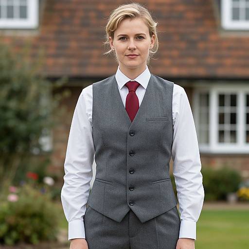 Professional Woman in Grey Suit Vest and Red Tie Standing Outdoors