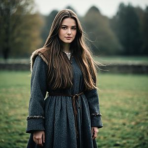 Young Woman in Grey Woolen Coat with Fur Outdoors