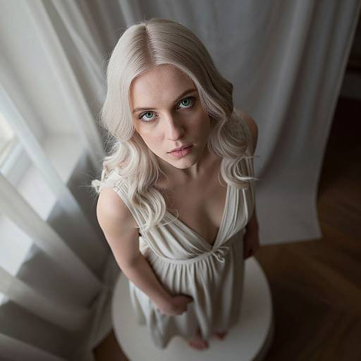 Portrait of Blonde Woman in Soft Light Looking Up