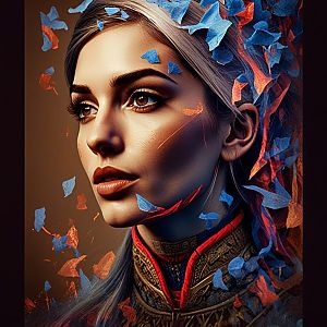 Fantasy Portrait of Woman with Floating Blue and Orange Petals
