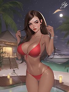 Woman in Red Bikini at Tropical Beach Resort