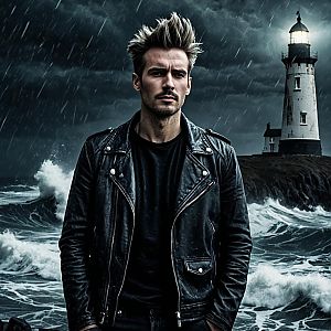 Man in Black Leather Jacket Against Stormy Seascape