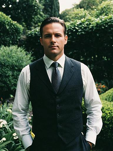 Man in Formal Vest and Tie Standing in Garden