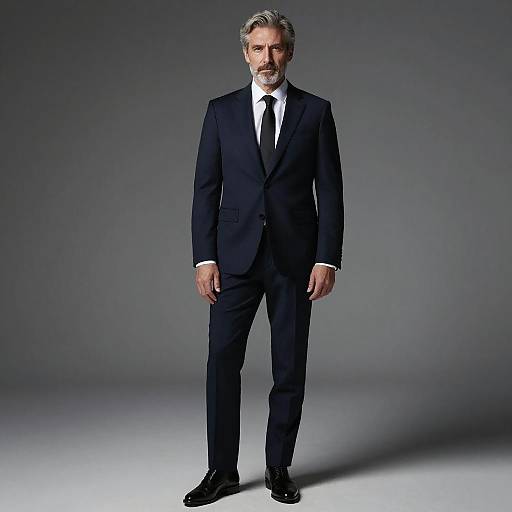Stylish Middle-Aged Man in Navy Blue Suit Standing in Studio