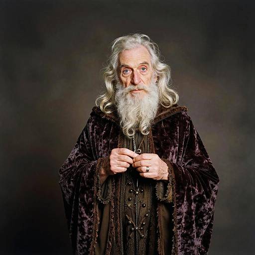 Elderly Man in Velvet Wizard Robe with Long White Hair and Beard
