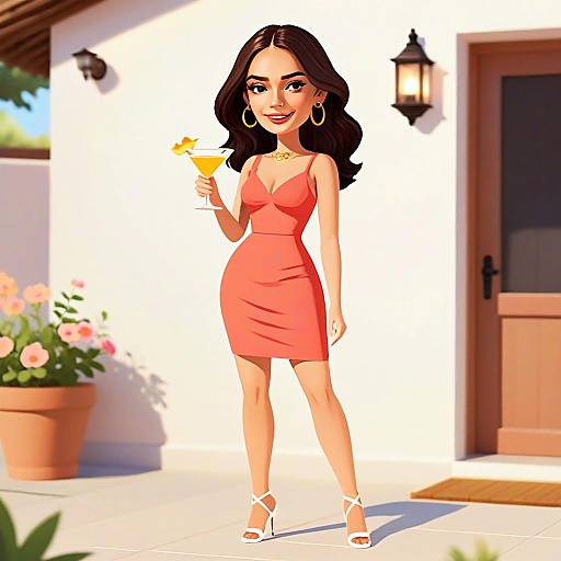 Stylish Woman with Long Dark Hair Smiling and Holding Modern Cocktail in Coral Dress