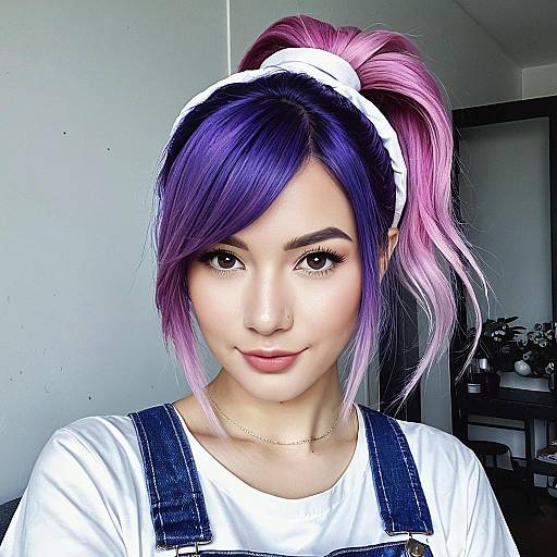 Young Woman with Purple and Pink Hair in Denim Overalls and White Headband