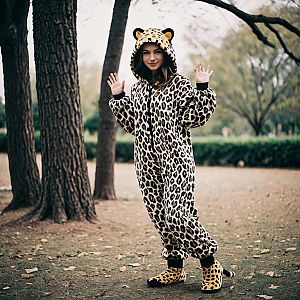 Woman in Cozy Leopard-Print Onesie in Autumn Park
