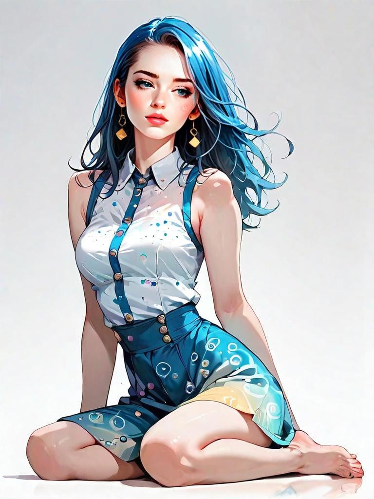 Realistic Anime Style Illustration of Woman in Summer Outfit Sitting on Floor