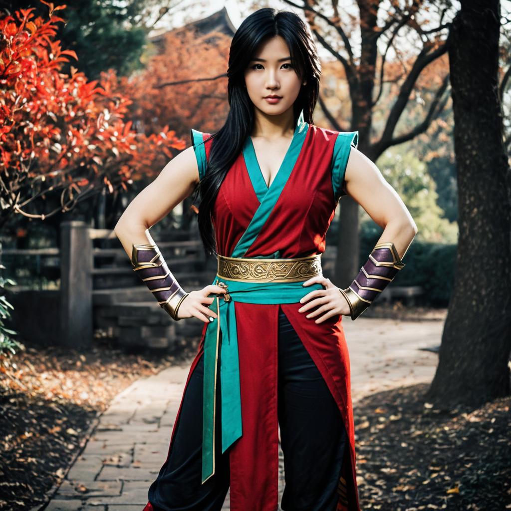 Confident Woman in Red and Teal Warrior Costume Outdoors