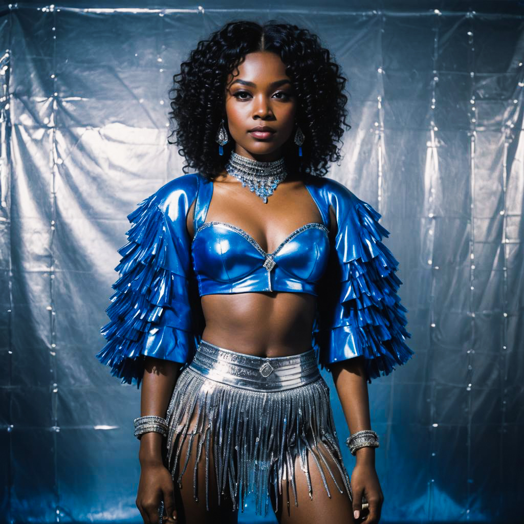 Confident Woman in Blue Ensemble with Ruffled Sleeves