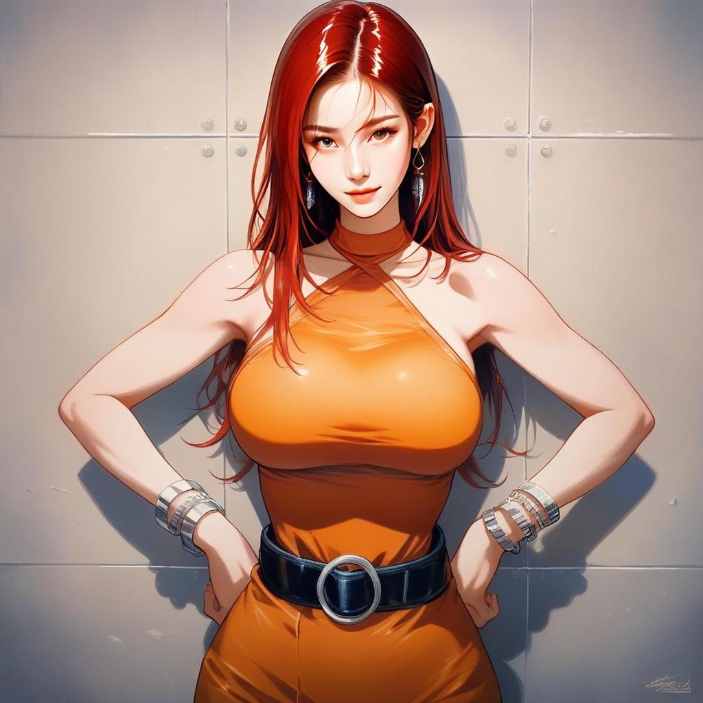 Stylish Woman in Orange Outfit Against Tiled Wall
