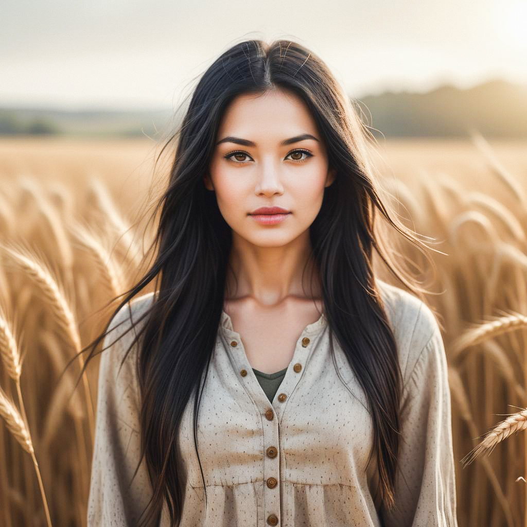 Young Woman in Wheat Field at Sunset Young Woman in Wheat Field at Sunset