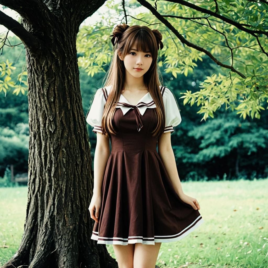 Young Woman in Brown Sailor Dress Standing by Tree in Natural Setting