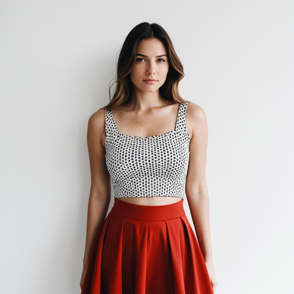 Confident Young Woman in Stylish Crop Top and Red Skirt