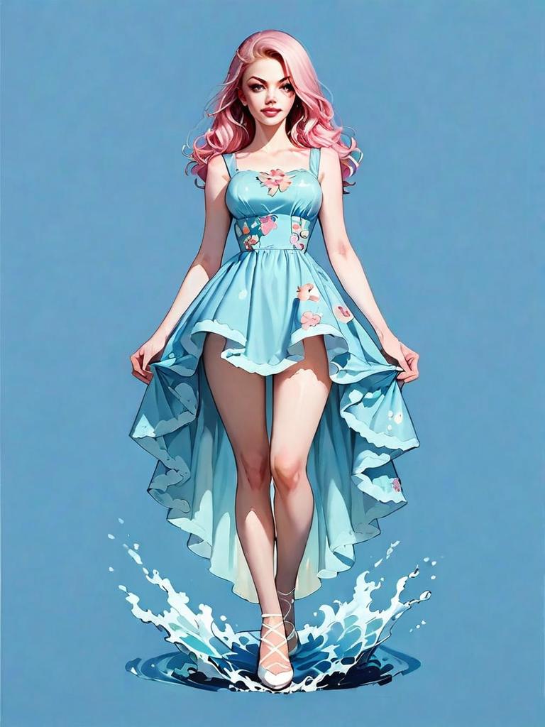 Realistic Comic Style Woman in Blue Bohemian Dress Full Body Illustration