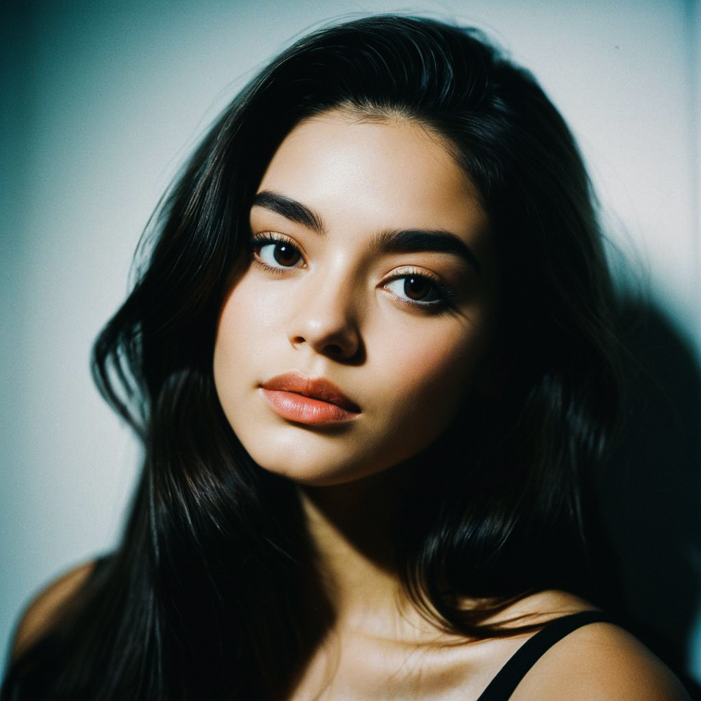 Close-up portrait of a young woman with dark hair