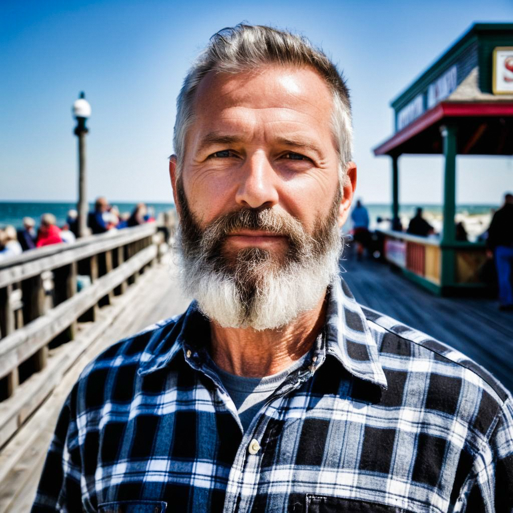 Confident Mature Man at Ocean Boardwalk Confident Mature Man at Ocean Boardwalk