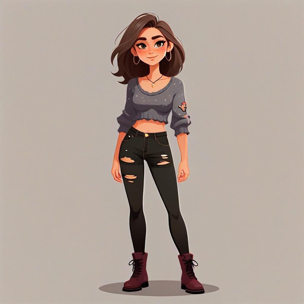 Grunge-Inspired Young Woman with Pretty Hair and Cropped Sweater Illustration
